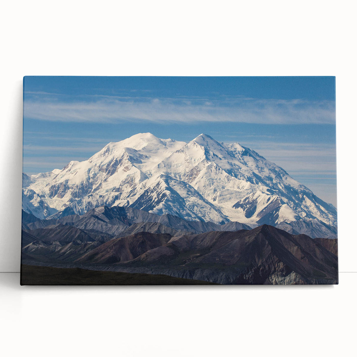 Black and white image of Denali, Alaska on stretched canvas, suitable as kitchen wall art or for a bedroom.