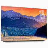 Large abstract depiction of an Alaskan landscape in muted blues and grays on acrylic glass.