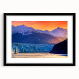 Abstract art print of Alaskan scenery in vibrant colors on a textured, extra large canvas, framed in black.