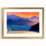 Extra large abstract art print of Alaskan scenery in textured style, framed in gold, ideal for living room decor.