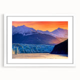 Abstract art print of Alaskan scenery in muted earth tones on a framed white mat, suitable for bedroom or dining room decor.