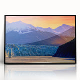 Large abstract wall art of Alaskan scenery in muted earth tones, framed in black acrylic.