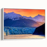 Vintage poster art of Alaska scenery on framed canvas, featuring muted earth tones, ideal for living room decor.