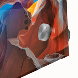 Mid-century modernist abstract depiction of Antelope Canyon in muted orange and brown tones on acrylic glass.