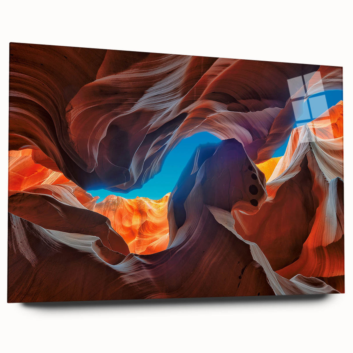 Large abstract depiction of Antelope Canyon in muted orange and red tones on acrylic glass.