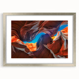 Textured art depicting Arizona's Antelope Canyon in muted earth tones on a framed silver mat, suitable for bedroom decor.