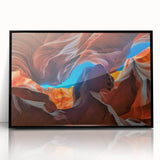 Framed acrylic print of a large abstract depiction of Antelope Canyon in Arizona, showcasing earthy red and orange tones.