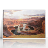 Art deco poster featuring the Glen Canyon in Arizona, in muted earth tones, framed in white acrylic.