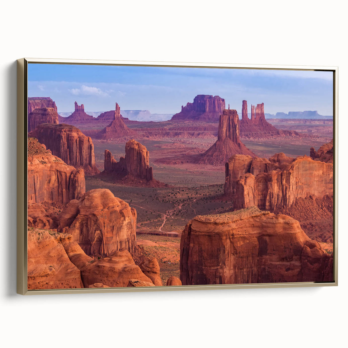 Framed canvas of the Grand Canyon in vintage poster style, featuring a landscape with golden and black hues.