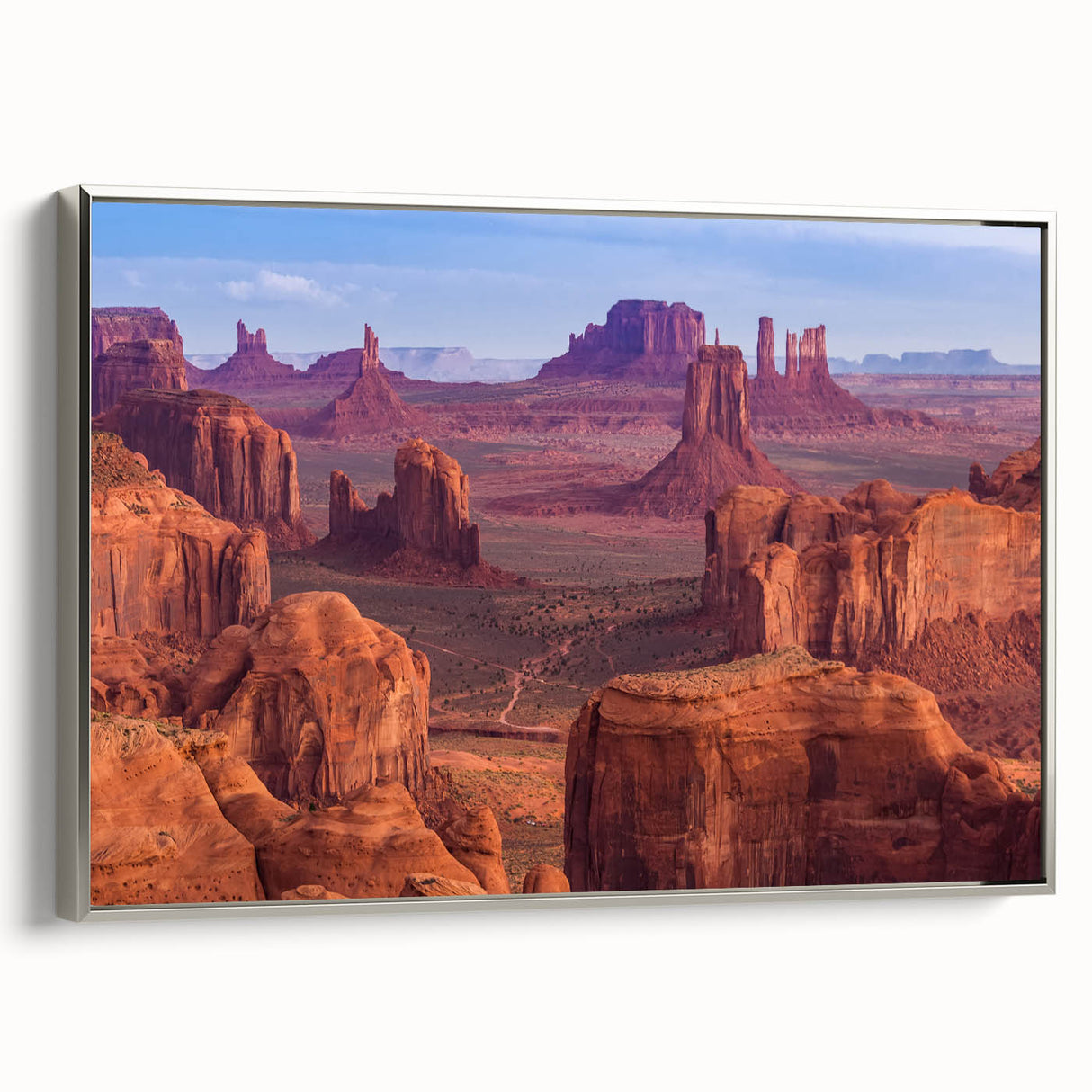 Framed canvas depicting a vintage-style landscape of the Grand Canyon in vibrant colors, ideal for living room decor.