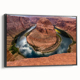 Black and white framed canvas depicting Horseshoe Bend in Arizona, ideal for bedroom wall art with a vintage poster style.