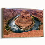 Framed canvas of Horseshoe Bend in Arizona, featuring muted earth tones, ideal for bedroom wall art.