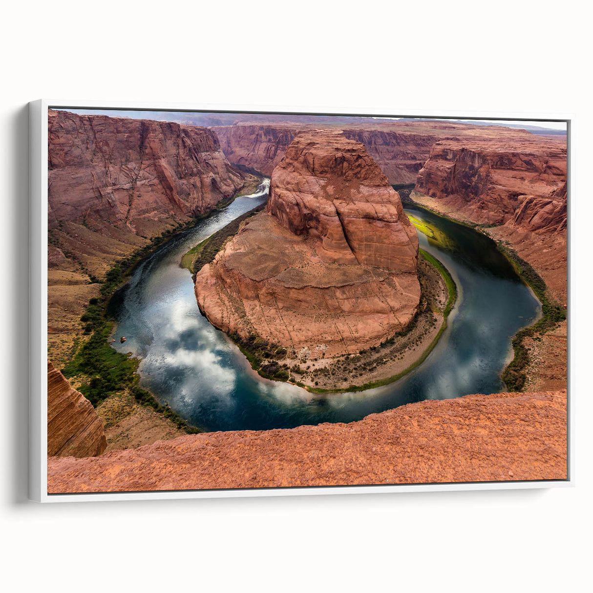Vintage poster art of Horseshoe Bend, Arizona, featuring a colorful palette on a framed canvas, suited for living room decor.