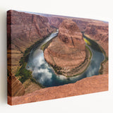 Panoramic view of Horseshoe Bend in Arizona on a large stretched canvas, featuring earthy tones, ideal for kitchen wall art.