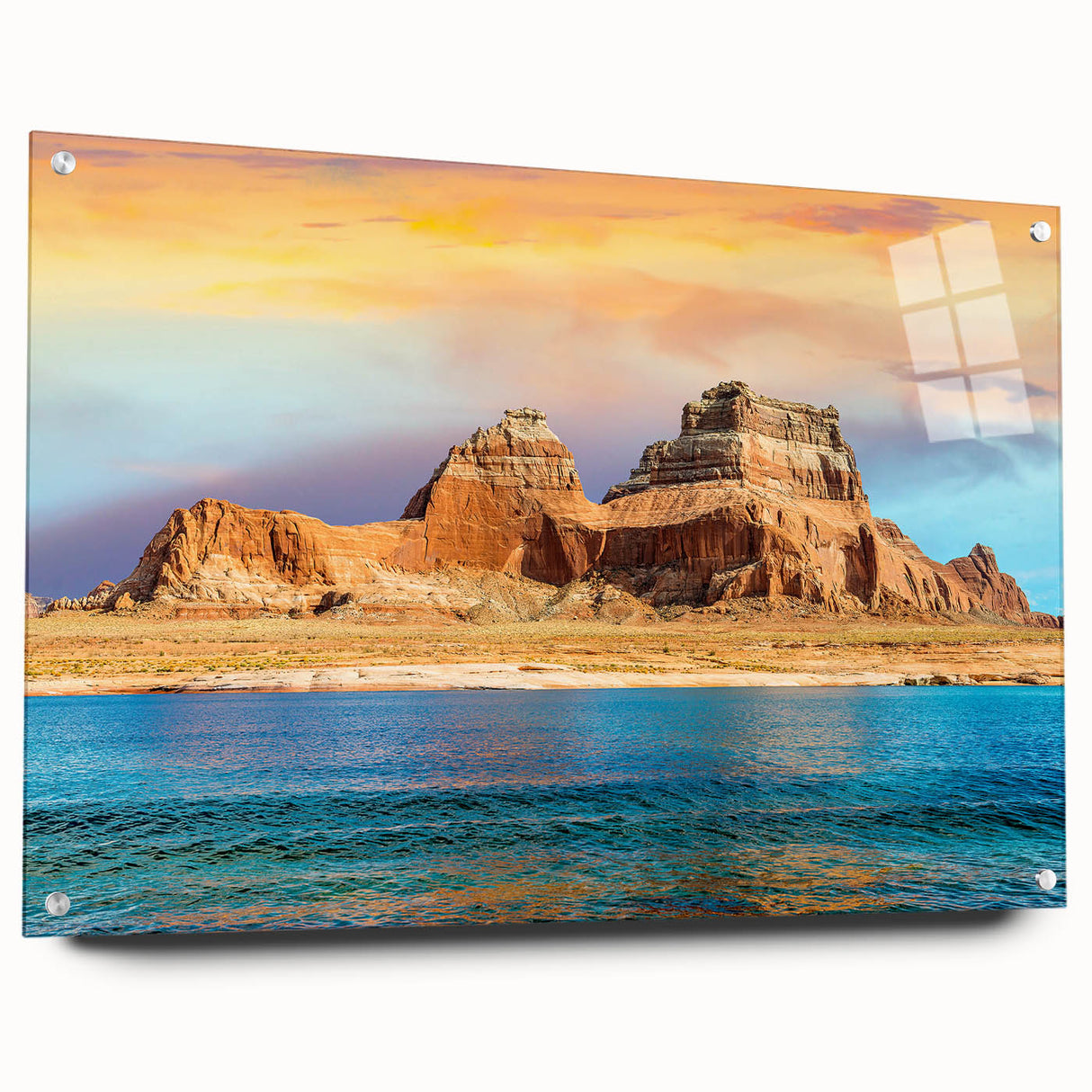 Acrylic print of Lake Powell with vivid blue and turquoise hues, ideal for dining room or bedroom wall art.