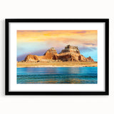 Colorful abstract art print of Lake Powell in vibrant blue and orange tones on a large textured canvas.