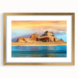 Extra large wall art featuring an abstract depiction of Lake Powell in muted earth tones on a textured canvas.