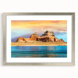 Textured art depicting Lake Powell in Arizona, with abstract sky and water in muted blues and grays, framed in silver.