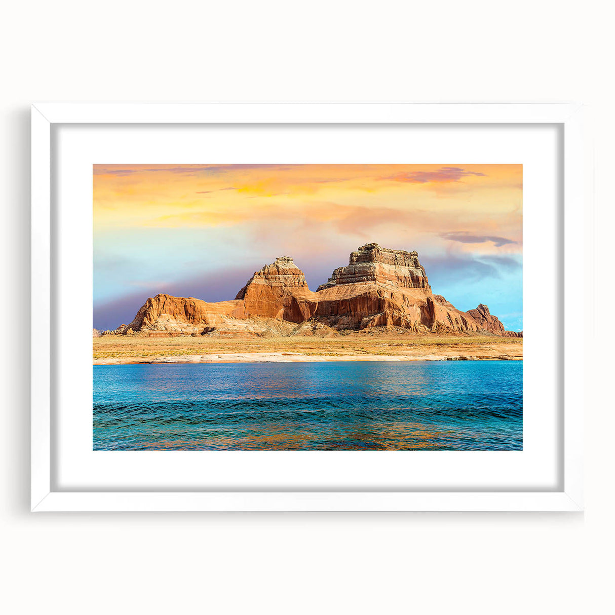 Abstract art print of Lake Powell with soft blue and beige tones on a white framed mat.