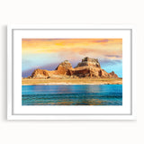 Abstract art print of Lake Powell with soft blue and beige tones on a white framed mat.
