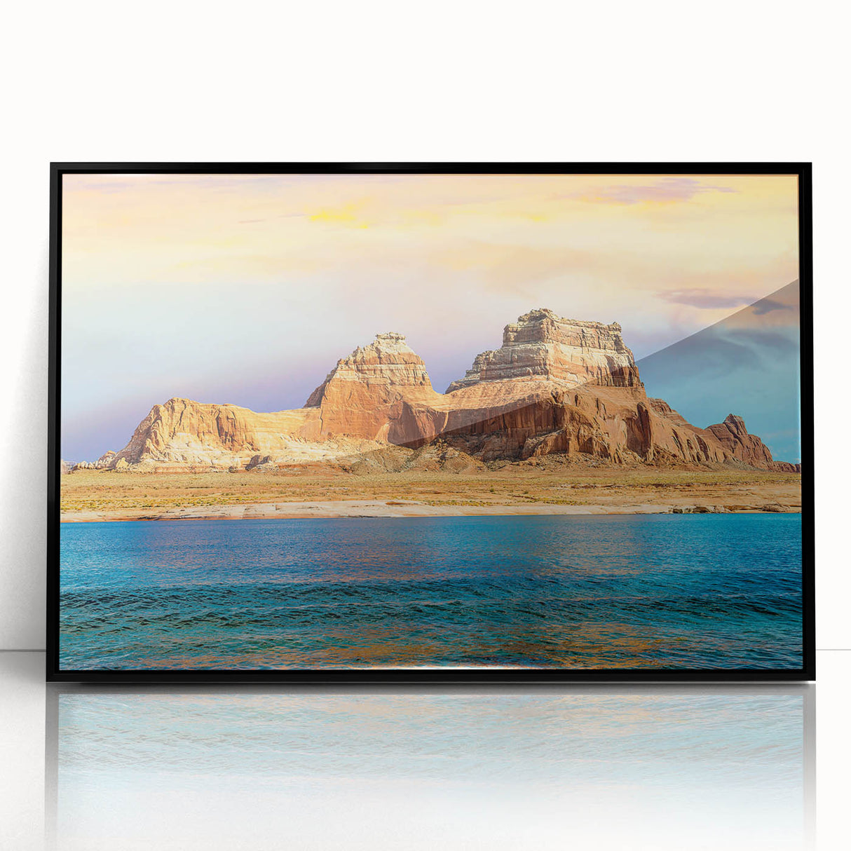 Large abstract wall art of Lake Powell in muted earth tones, on a framed acrylic, ideal for modern living room decor.