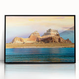 Large abstract wall art of Lake Powell in muted earth tones, on a framed acrylic, ideal for modern living room decor.