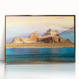 Large art print of Lake Powell, Arizona in gold frame, acrylic, with mid-century modernist style.