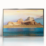 Mid-century modernist art depicting Lake Powell in muted blue and silver tones on a framed acrylic print.