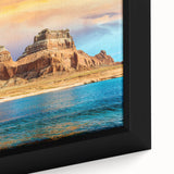 Extra large black wall art featuring a textured scene of Lake Powell, Arizona on a framed canvas, suitable for a living room.