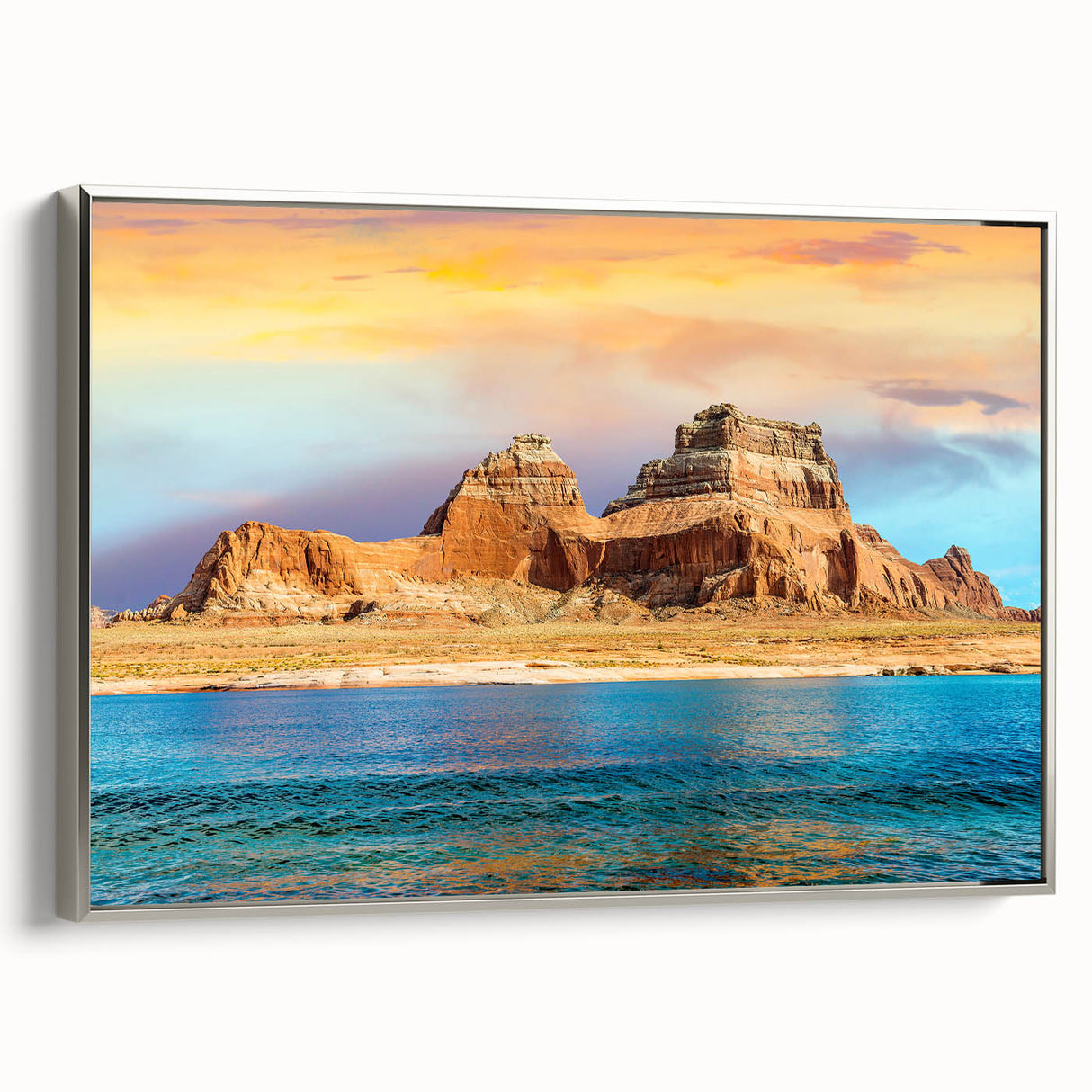 Landscape art painting of Lake Powell with vibrant blue and orange hues, framed in silver, ideal for office decor.