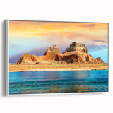 Vintage poster art of Lake Powell on a framed canvas, featuring a blend of colorful art on a black background.