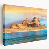Large stretched canvas featuring a serene Lake Powell landscape in Arizona, with vivid blue and earth tones.