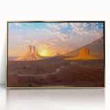 Large art print of Monument Valley in muted earth tones on acrylic, framed in gold, suitable for modern decor.