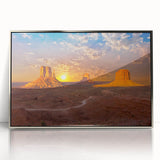 Mid-century modernist art of Monument Valley in silver-framed acrylic, featuring earthy tones.