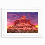 Abstract art print of Sedona, Arizona in muted earth tones on a white-framed mat, ideal for dining room decor.