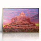 Acrylic print of Sedona, Arizona landscape in muted earth tones, framed in gold, suitable for modern art wall decor.