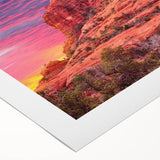 Art deco poster of Sedona landscape in muted earth tones on rolled canvas, suitable for dining room wall art.