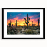 Extra large abstract art print of Sonoran desert with vibrant, textured colors on a black framed canvas.