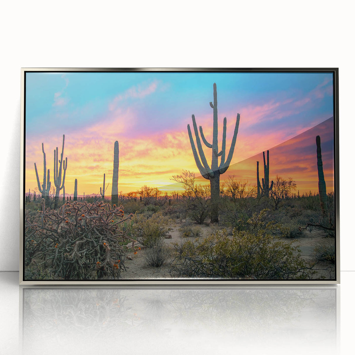 Mid-century modernist art depicting the Sonoran Desert in Arizona, with earthy tones on a framed acrylic.
