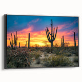 Black and white wall art featuring a Sonoran desert landscape on a framed canvas, ideal for bedroom decor.