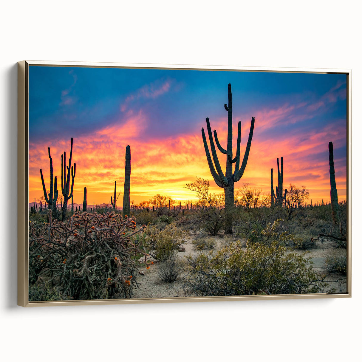 Framed canvas depicting the Sonoran desert landscape in Arizona with muted earth tones, ideal for bedroom wall art.