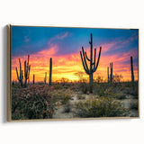 Framed canvas depicting the Sonoran desert landscape in Arizona with muted earth tones, ideal for bedroom wall art.