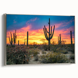 Landscape art painting of Sonoran Desert with vibrant sunset colors on framed canvas, ideal for living room decor.