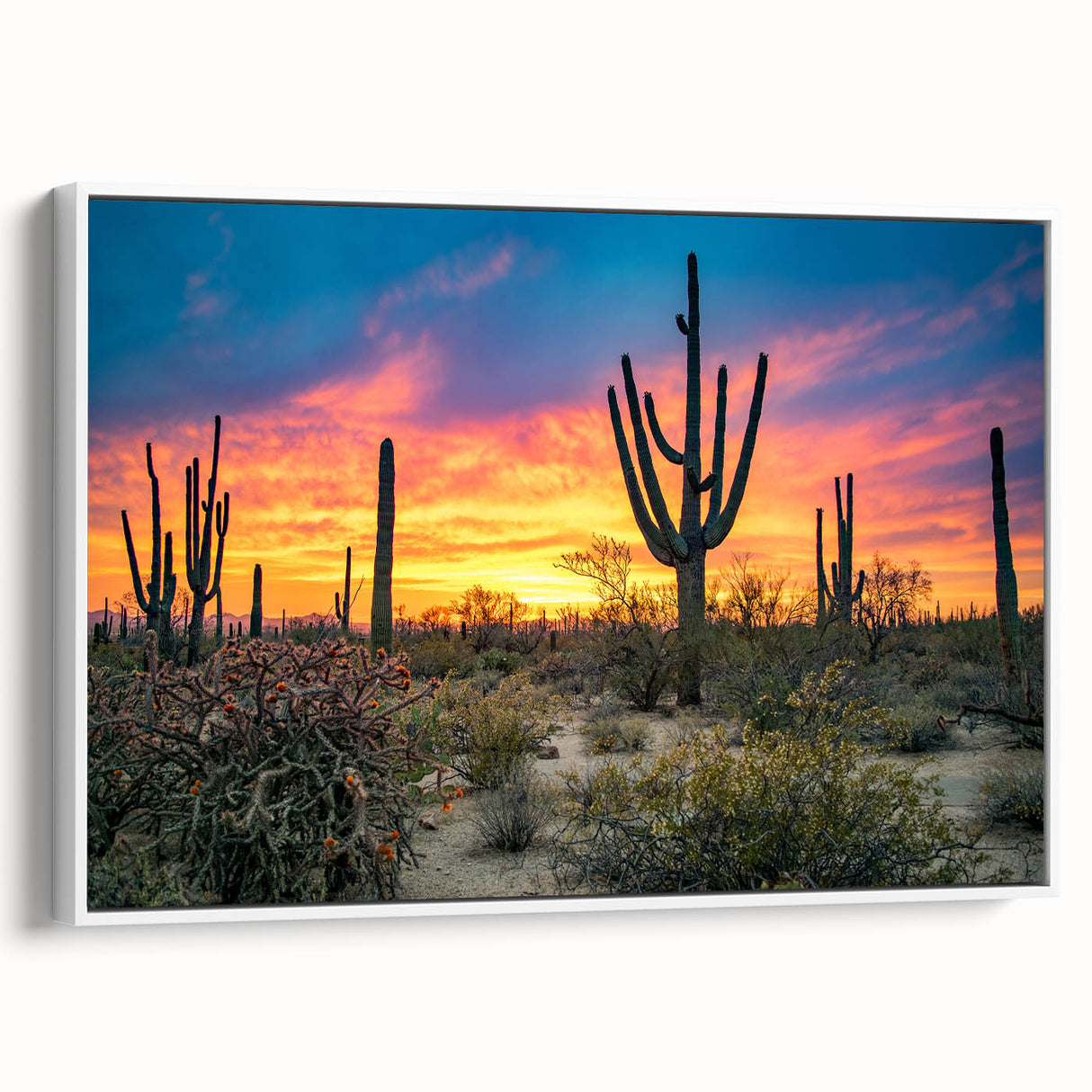 Vintage poster art of Sonoran Desert with colorful sunset hues on a large framed canvas, ideal for living room decor.