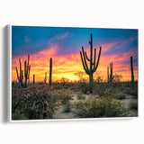 Vintage poster art of Sonoran Desert with colorful sunset hues on a large framed canvas, ideal for living room decor.