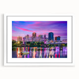 Abstract art print of Arkansas scenery in muted earth tones on a white-framed canvas, suitable for dining room decor.