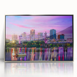 Mid-century modernist art depicting Arkansas scenery in muted earth tones, framed acrylic piece.