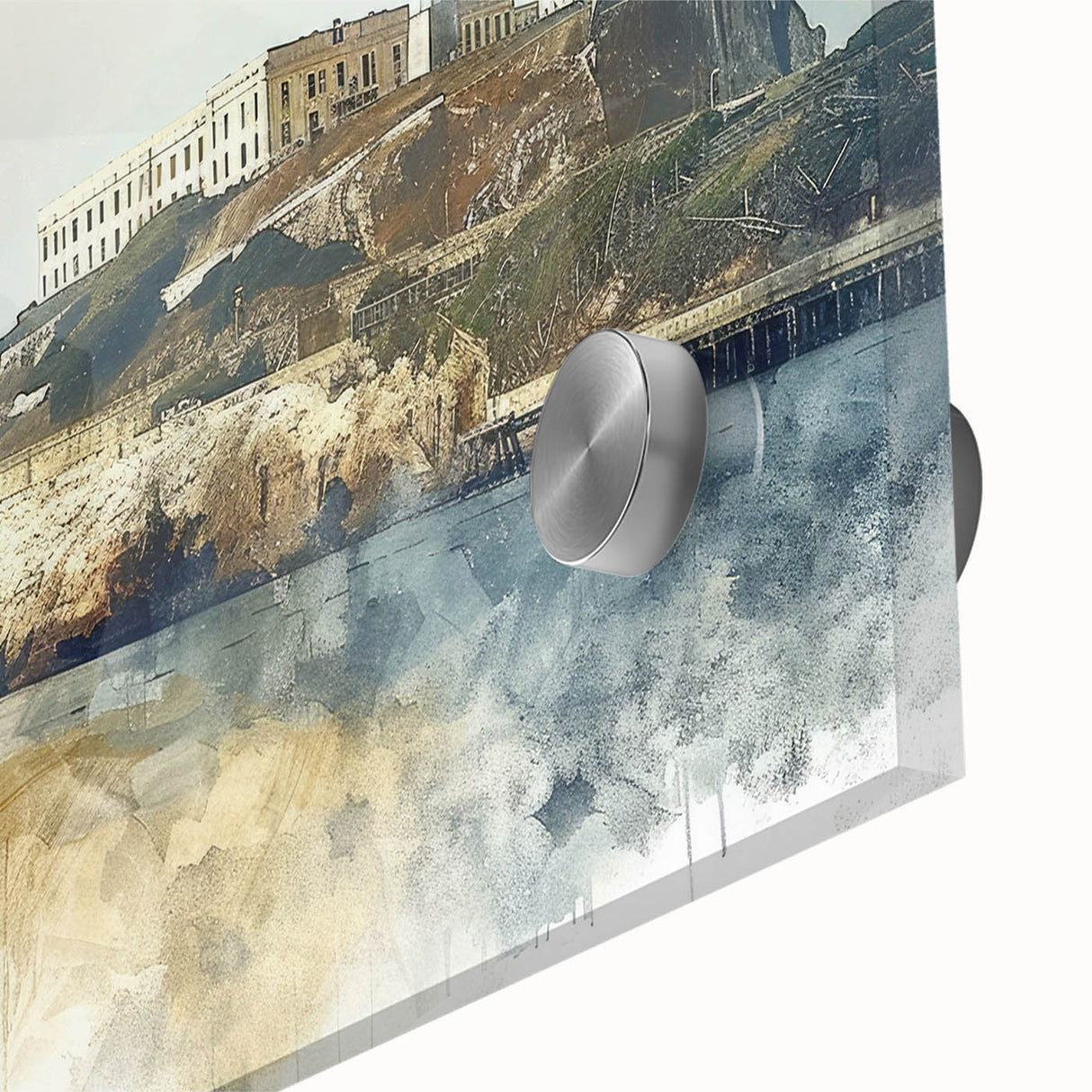 Mid-century modernist acrylic print of Alcatraz, featuring large abstract design in cool blue and gray tones.