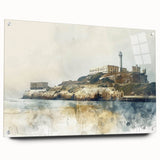 Acrylic print of Alcatraz Island in muted blue tones, ideal for bedroom or dining room decor.