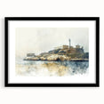 Extra large framed wall art depicting an abstract rendition of Alcatraz in colorful, textured strokes.